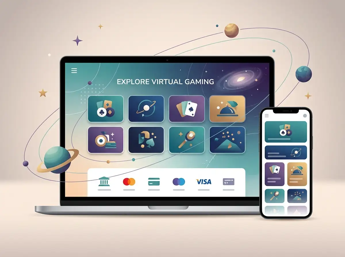 Abstract space-inspired casino interface with game tiles and payment symbols
