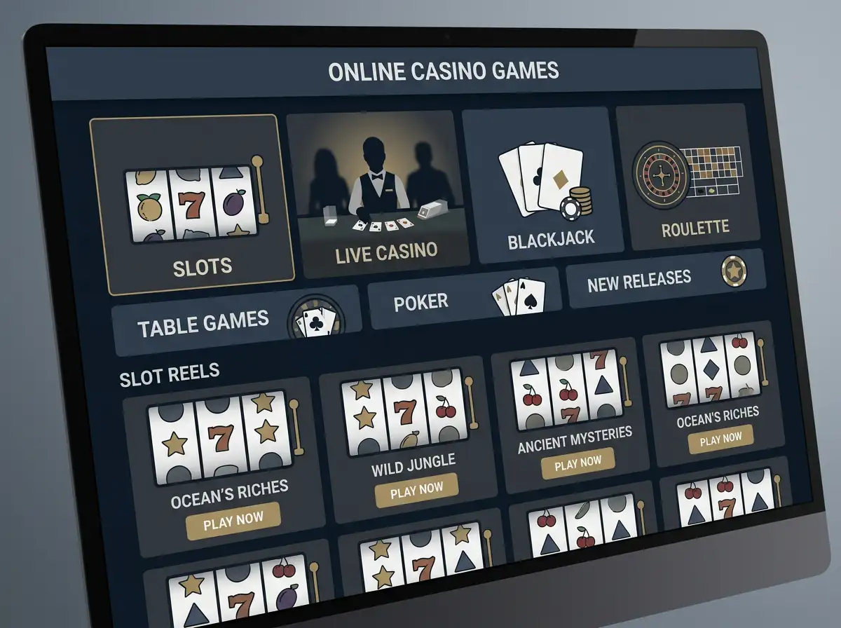 Casino game library with slot reels, live table silhouettes and category tiles