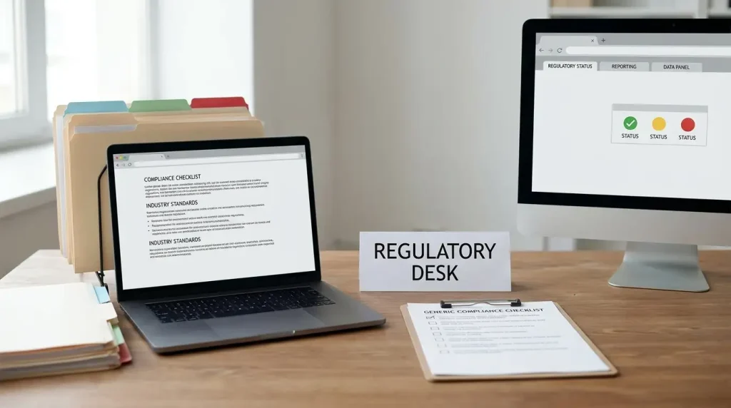 Desk with an Australian online gambling compliance document, laptop and checklist