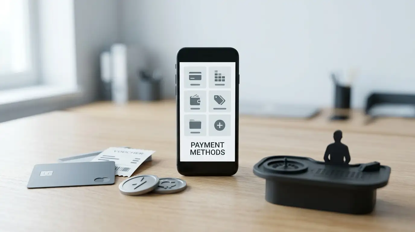 Payment cards, crypto symbols and casino category tiles arranged on a desk