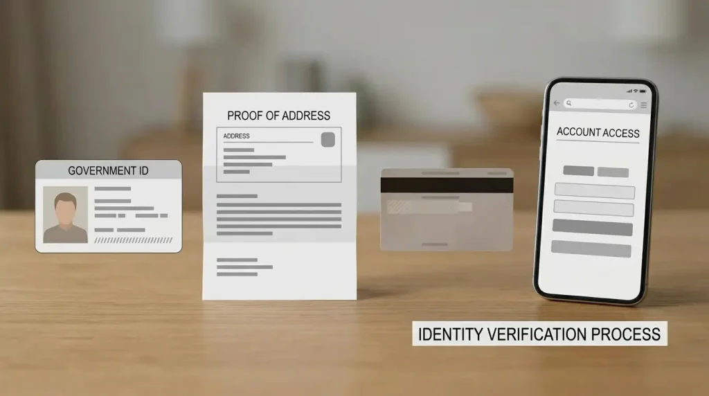 Identity-check workspace with a generic ID card, address document and mobile browser