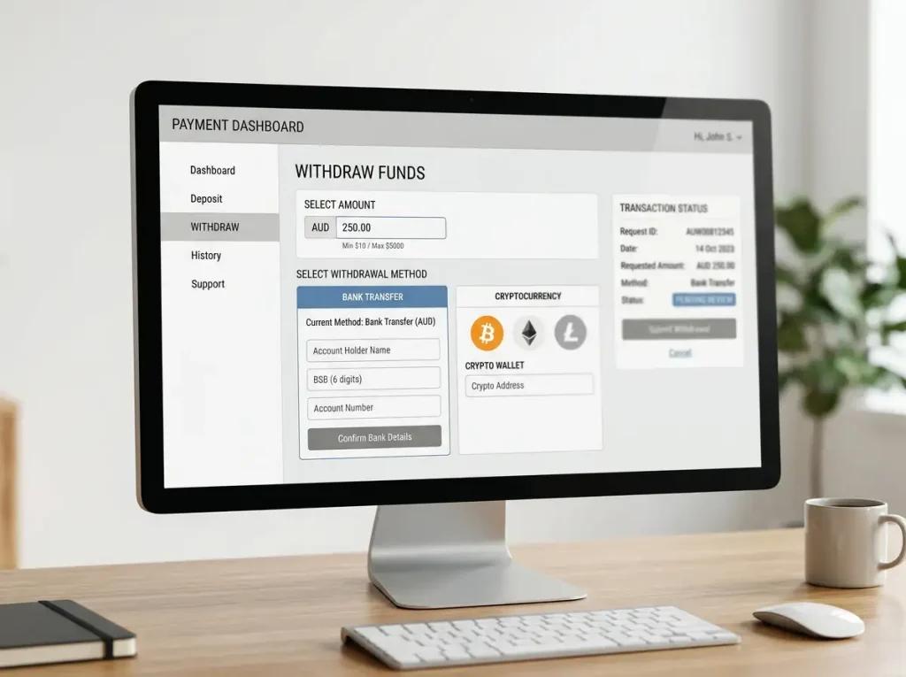 Withdrawal dashboard with amount fields and separate bank and cryptocurrency routing icons